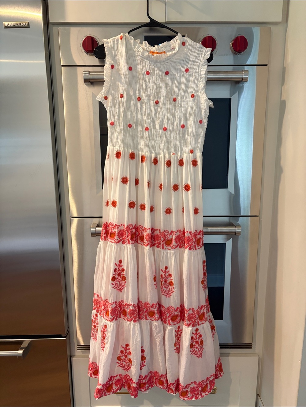 Oliphant White Maxi Dress with pinkand Orange embroidered Floral Print